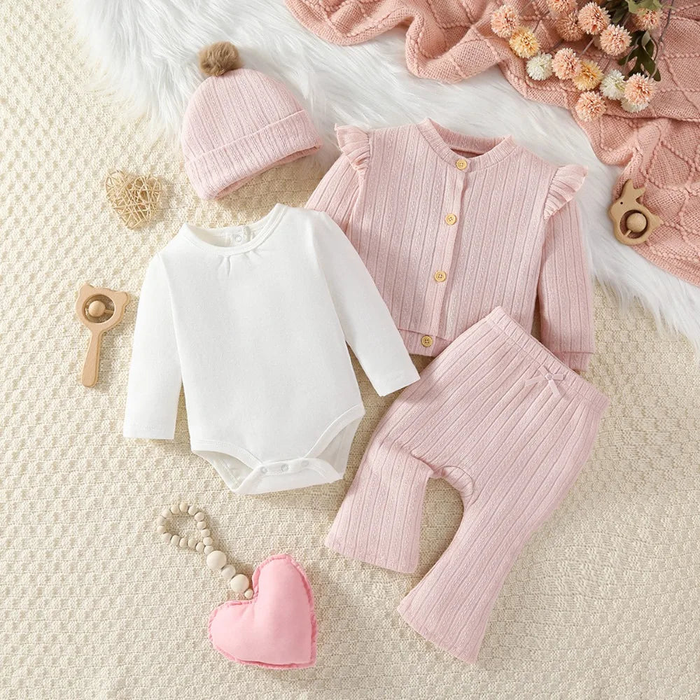 4PCS Baby Girl Clothes Set Spring Autumn Girl Bodysuit+jacket+pant with Hat Infant Outfits 3 6 9 Months
