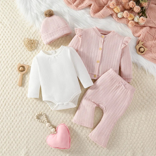 4PCS Baby Girl Clothes Set Spring Autumn Girl Bodysuit+jacket+pant with Hat Infant Outfits 3 6 9 Months