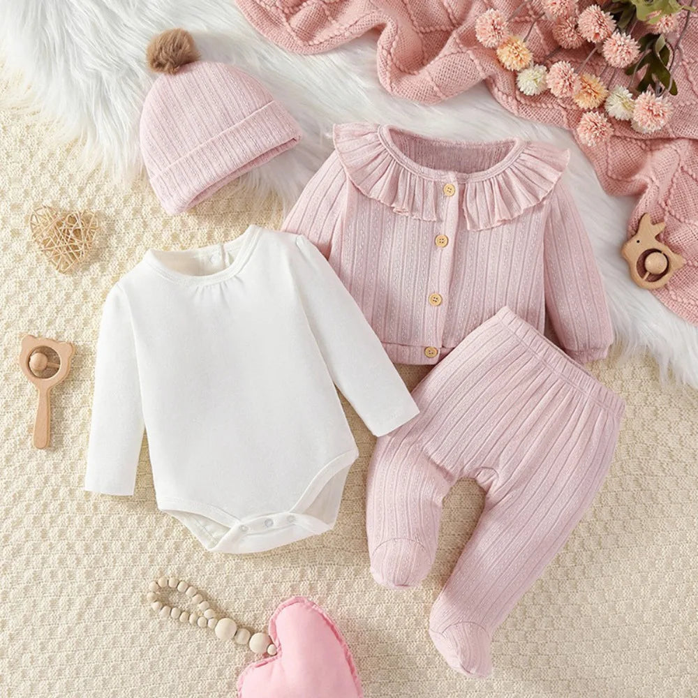 4PCS Baby Girl Clothes Set Spring Autumn Girl Bodysuit+jacket+pant with Hat Infant Outfits 3 6 9 Months