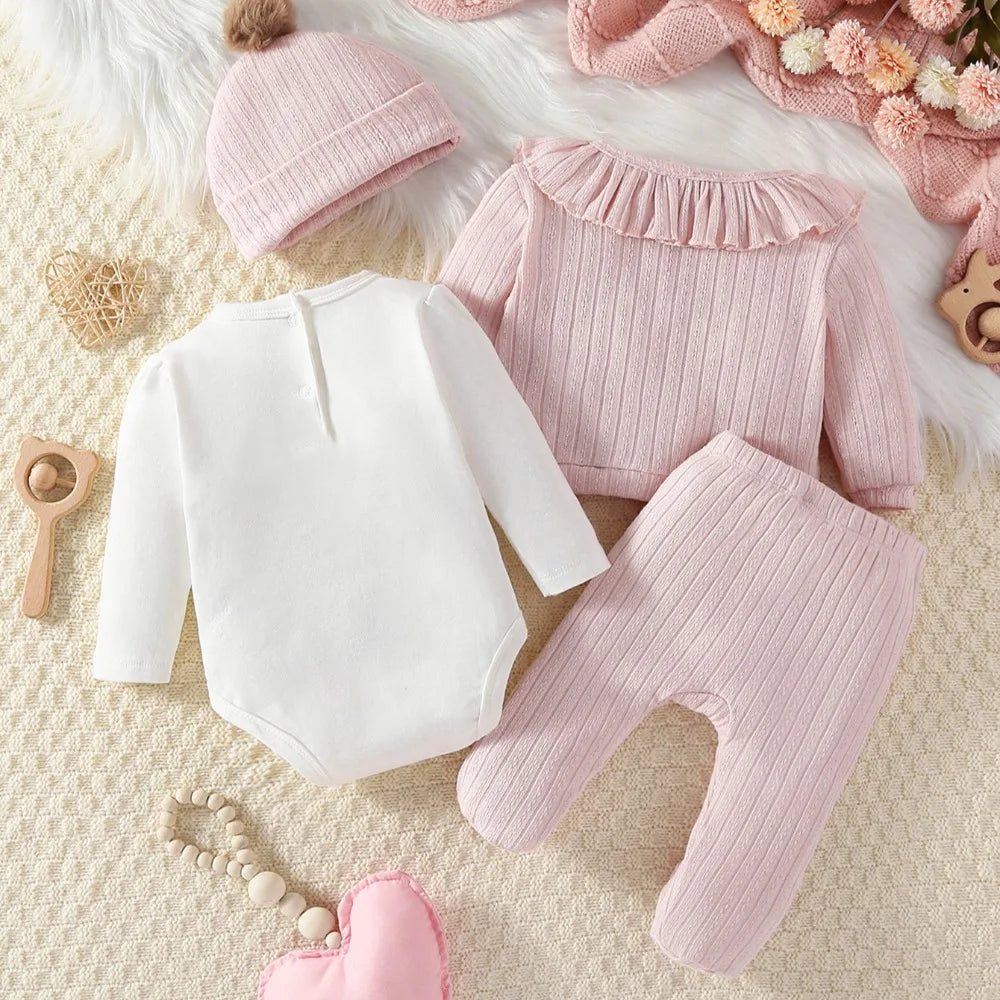 4PCS Baby Girl Clothes Set Spring Autumn Girl Bodysuit+jacket+pant with Hat Infant Outfits 3 6 9 Months