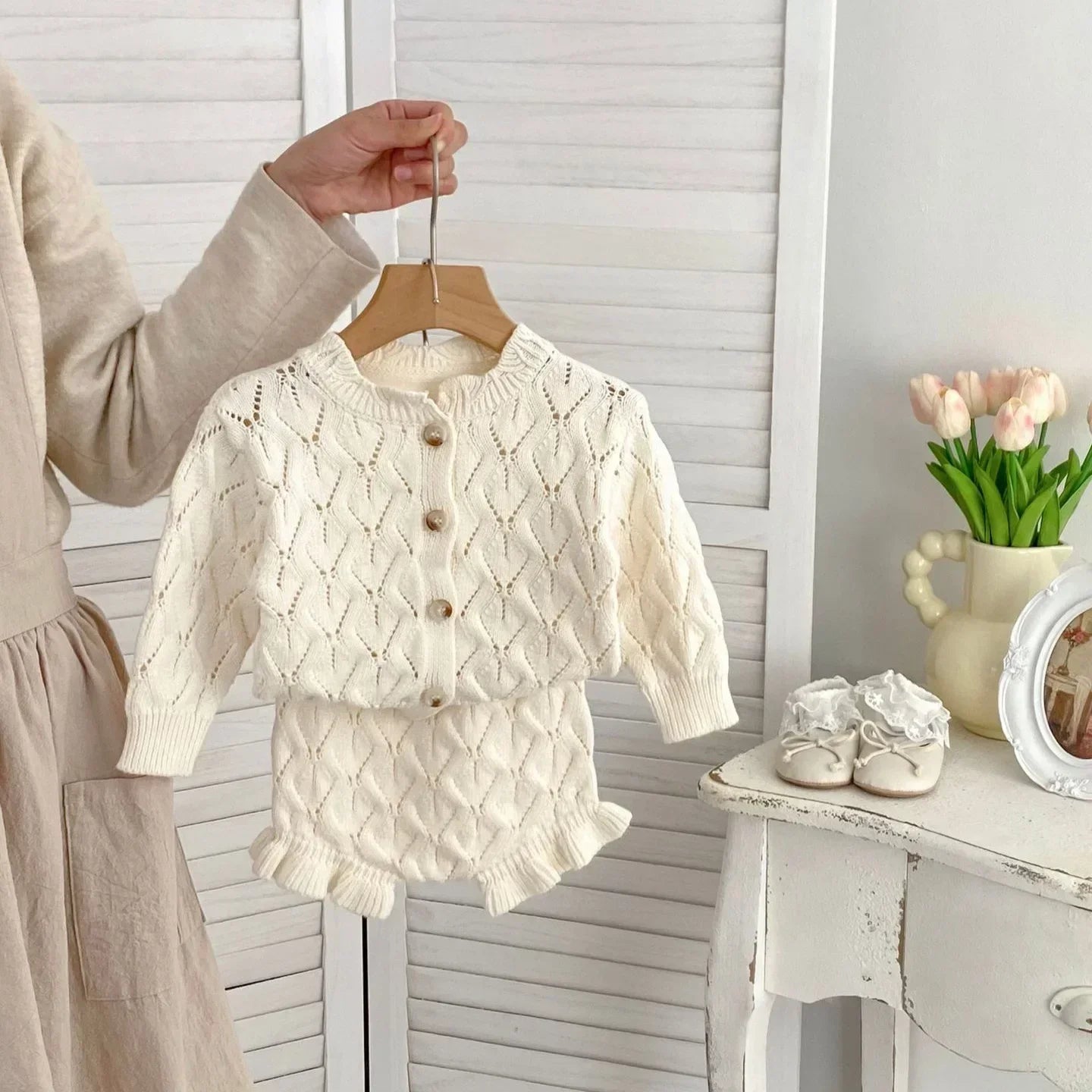 22117T Baby Clothing Set Spring Autumn New Knitted Girl's Sweater Suit Thin Cardigan Coat +Short Sweet Two Piece Suit