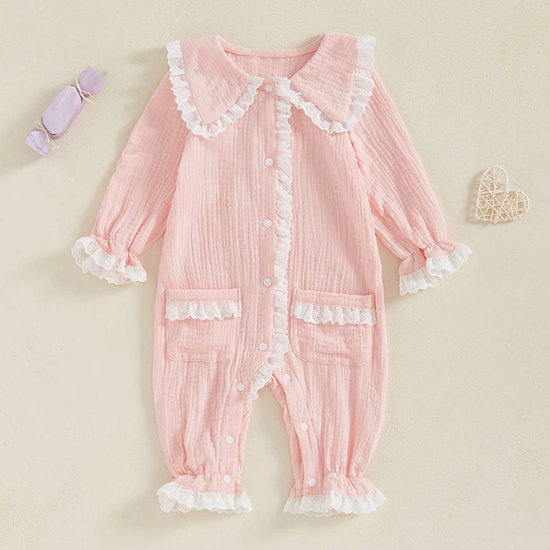 Newborn Baby Girls Pajamas Jumpsuit Spring Cute Long Sleeve Lace Trim Doll Collar Button Closure Romper with Pockets for Toddler