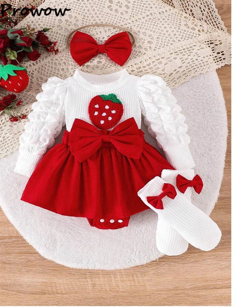 0-18M Baby Strawberry Bodysuit Dresses For Girls Long Sleeve Red Romper Newborns Onesies With Baby Socks Headband Clothing