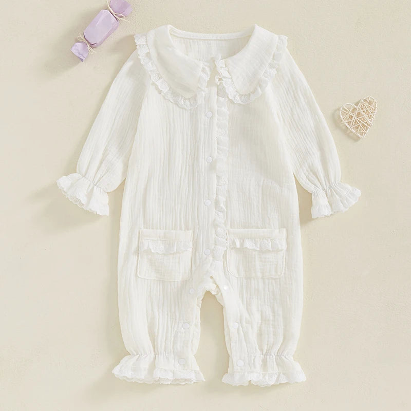 Newborn Baby Girls Pajamas Jumpsuit Spring Cute Long Sleeve Lace Trim Doll Collar Button Closure Romper with Pockets for Toddler